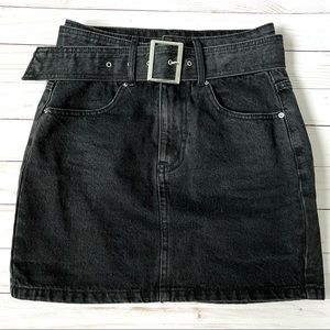 Black Denim Belted Mini Skirt